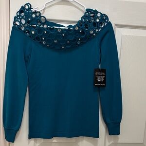 Boston Proper Blue Top with Decorative Collar